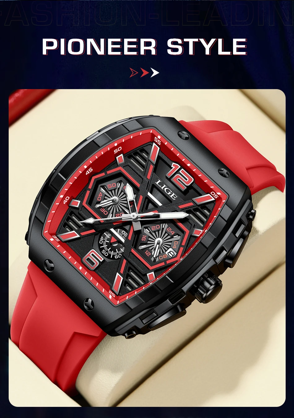 LIGE Men Watch Fashion Red Silicone Tonneau Sports Chronograph Quartz Wristwatch Casual Waterproof Watches For Men Reloj Hombre