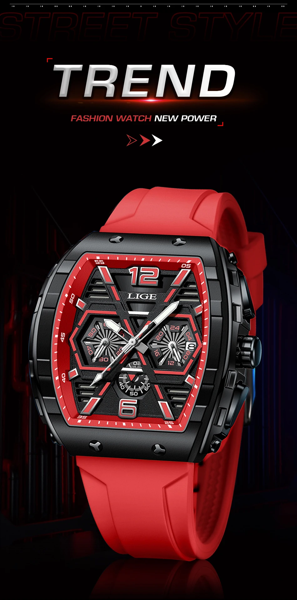LIGE Men Watch Fashion Red Silicone Tonneau Sports Chronograph Quartz Wristwatch Casual Waterproof Watches For Men Reloj Hombre