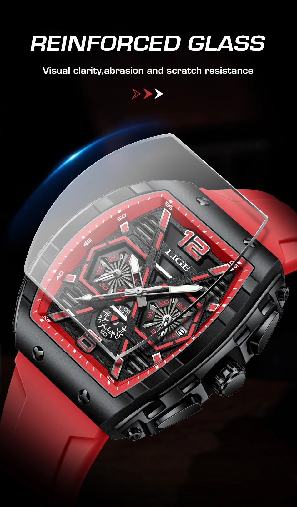 LIGE Men Watch Fashion Red Silicone Tonneau Sports Chronograph Quartz Wristwatch Casual Waterproof Watches For Men Reloj Hombre