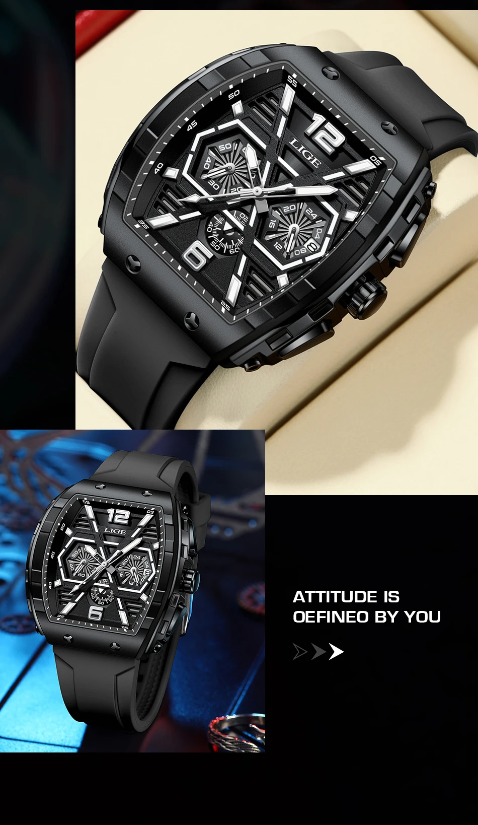 LIGE Men Watch Fashion Red Silicone Tonneau Sports Chronograph Quartz Wristwatch Casual Waterproof Watches For Men Reloj Hombre