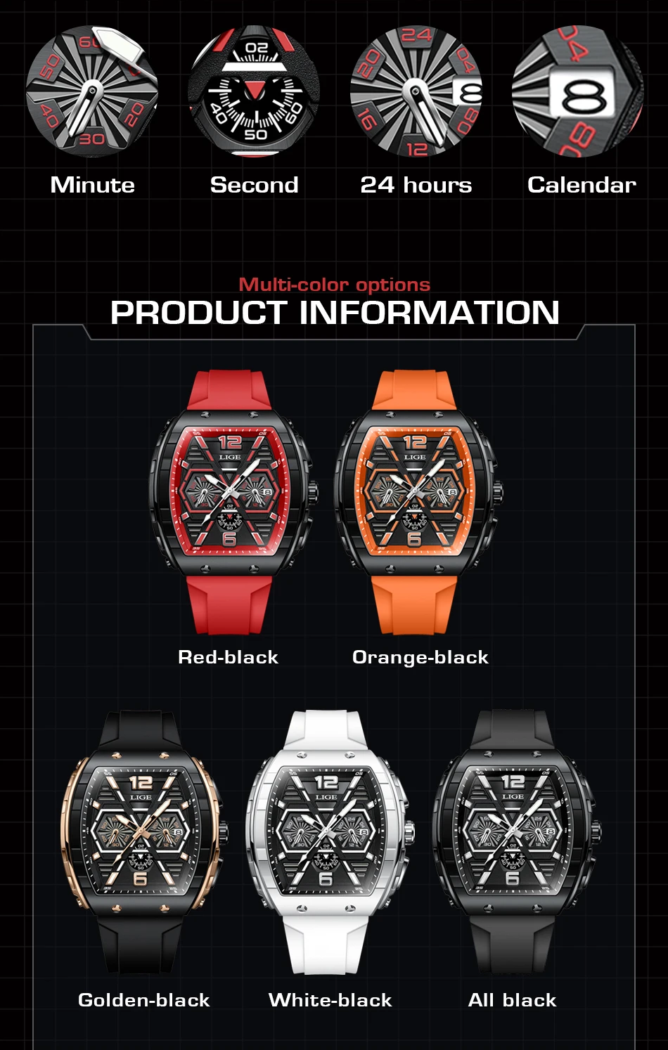 LIGE Men Watch Fashion Red Silicone Tonneau Sports Chronograph Quartz Wristwatch Casual Waterproof Watches For Men Reloj Hombre