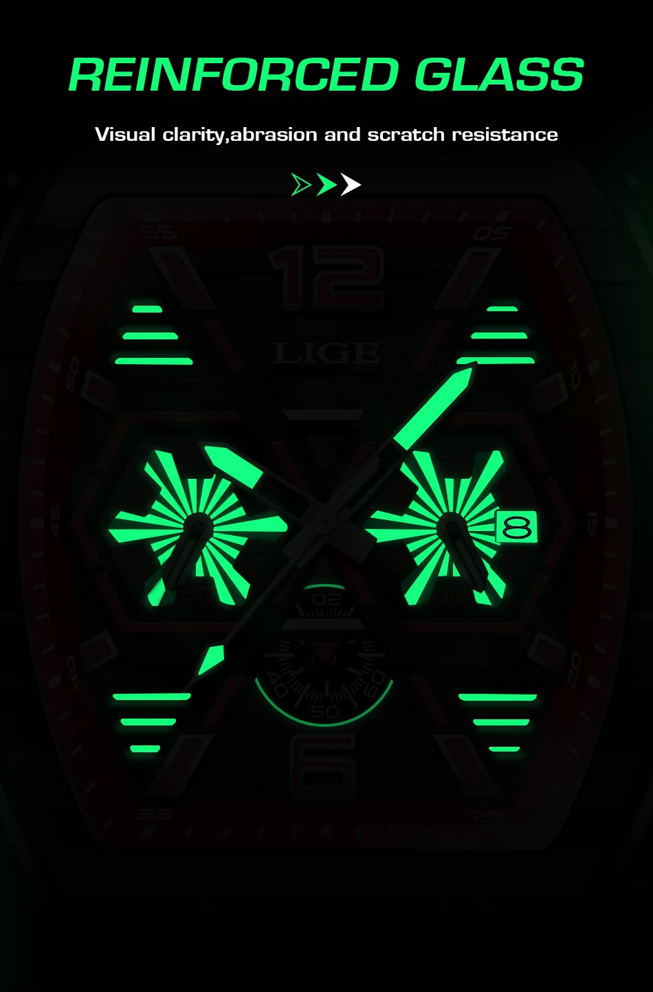 LIGE Men Watch Fashion Red Silicone Tonneau Sports Chronograph Quartz Wristwatch Casual Waterproof Watches For Men Reloj Hombre