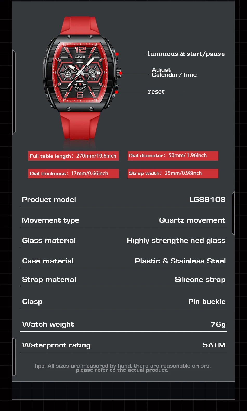 LIGE Men Watch Fashion Red Silicone Tonneau Sports Chronograph Quartz Wristwatch Casual Waterproof Watches For Men Reloj Hombre