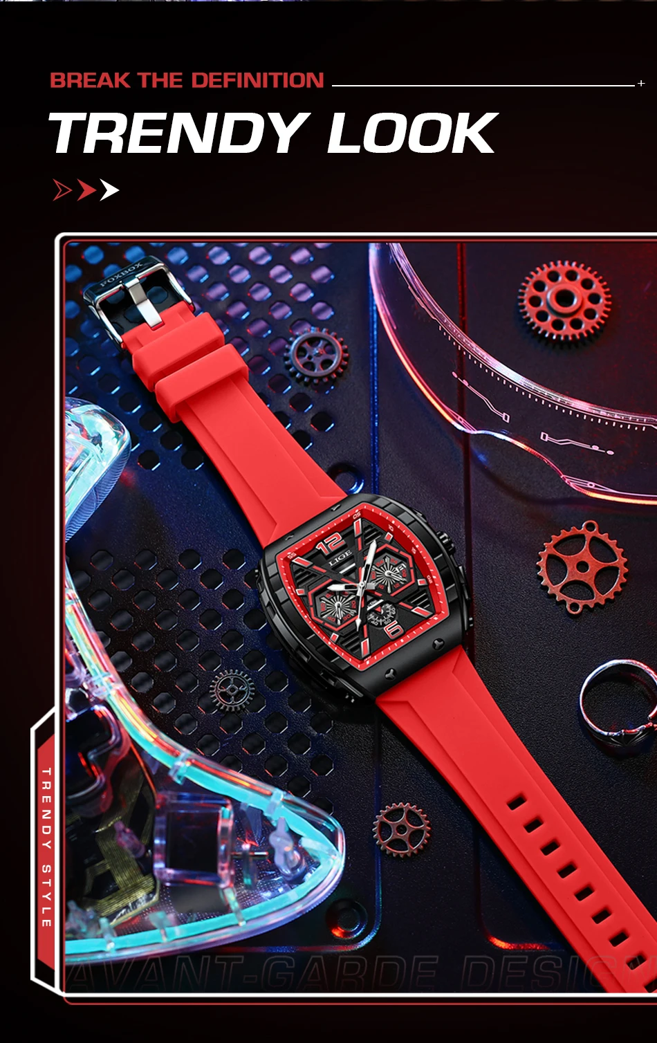 LIGE Men Watch Fashion Red Silicone Tonneau Sports Chronograph Quartz Wristwatch Casual Waterproof Watches For Men Reloj Hombre