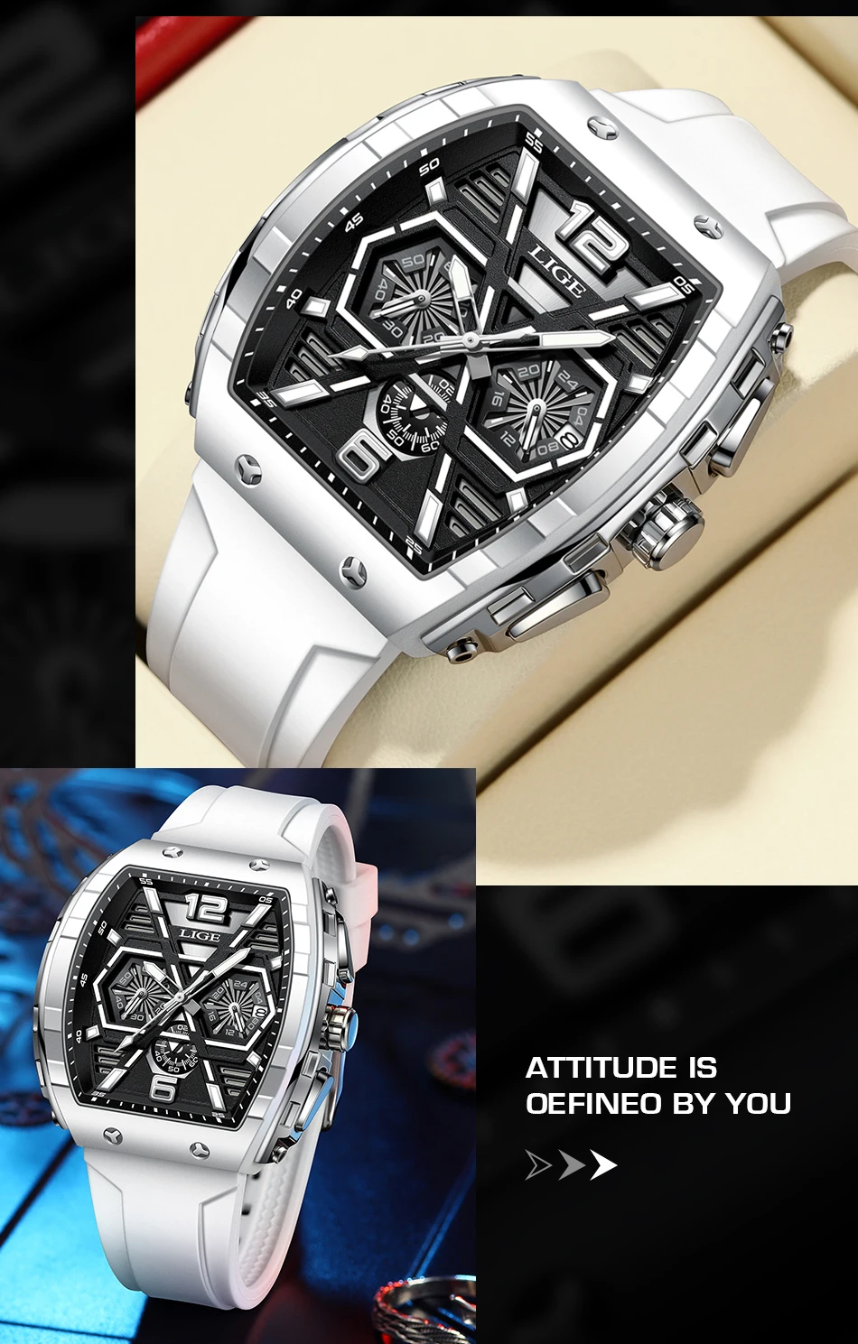 LIGE Men Watch Fashion Red Silicone Tonneau Sports Chronograph Quartz Wristwatch Casual Waterproof Watches For Men Reloj Hombre
