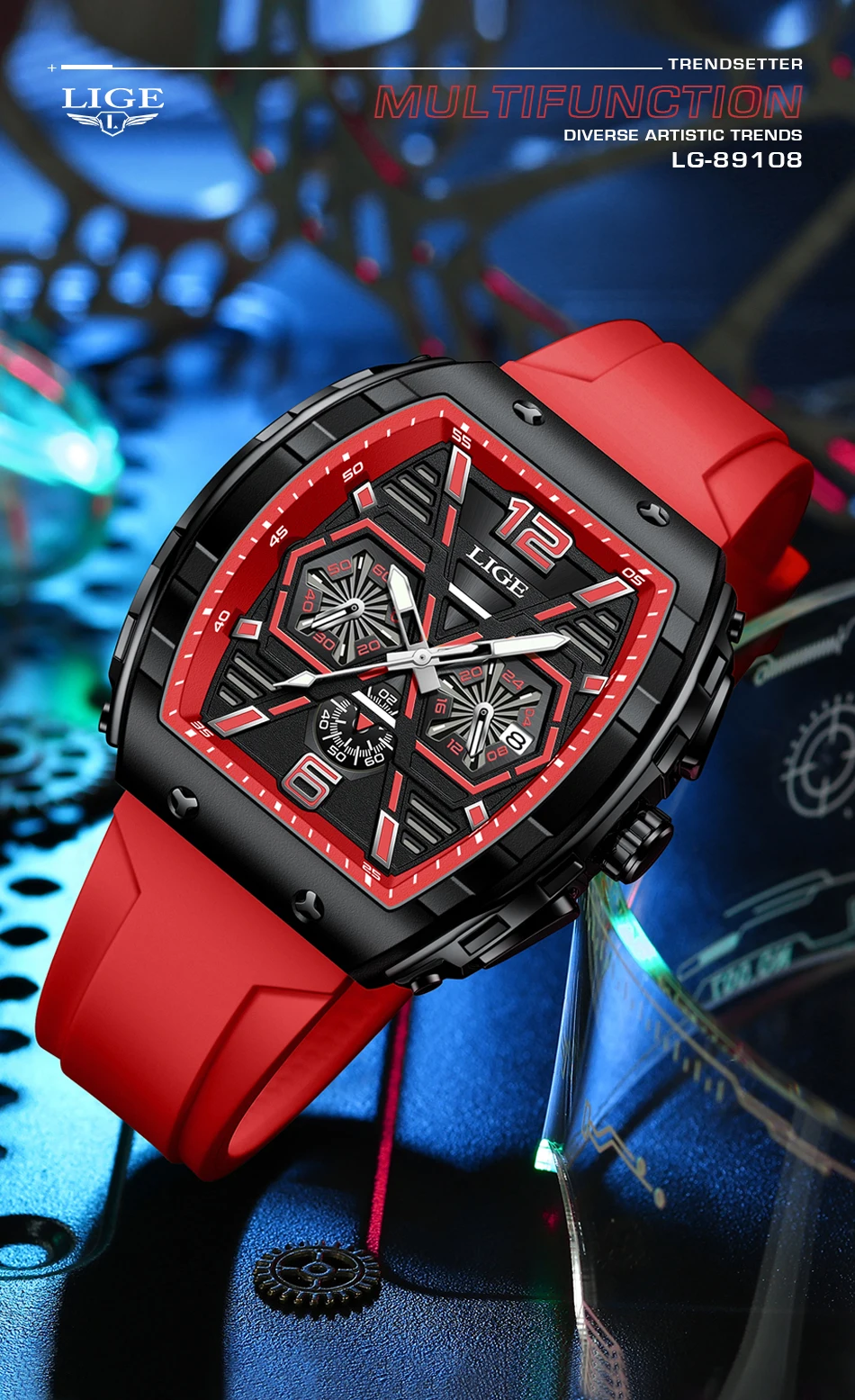 LIGE Men Watch Fashion Red Silicone Tonneau Sports Chronograph Quartz Wristwatch Casual Waterproof Watches For Men Reloj Hombre