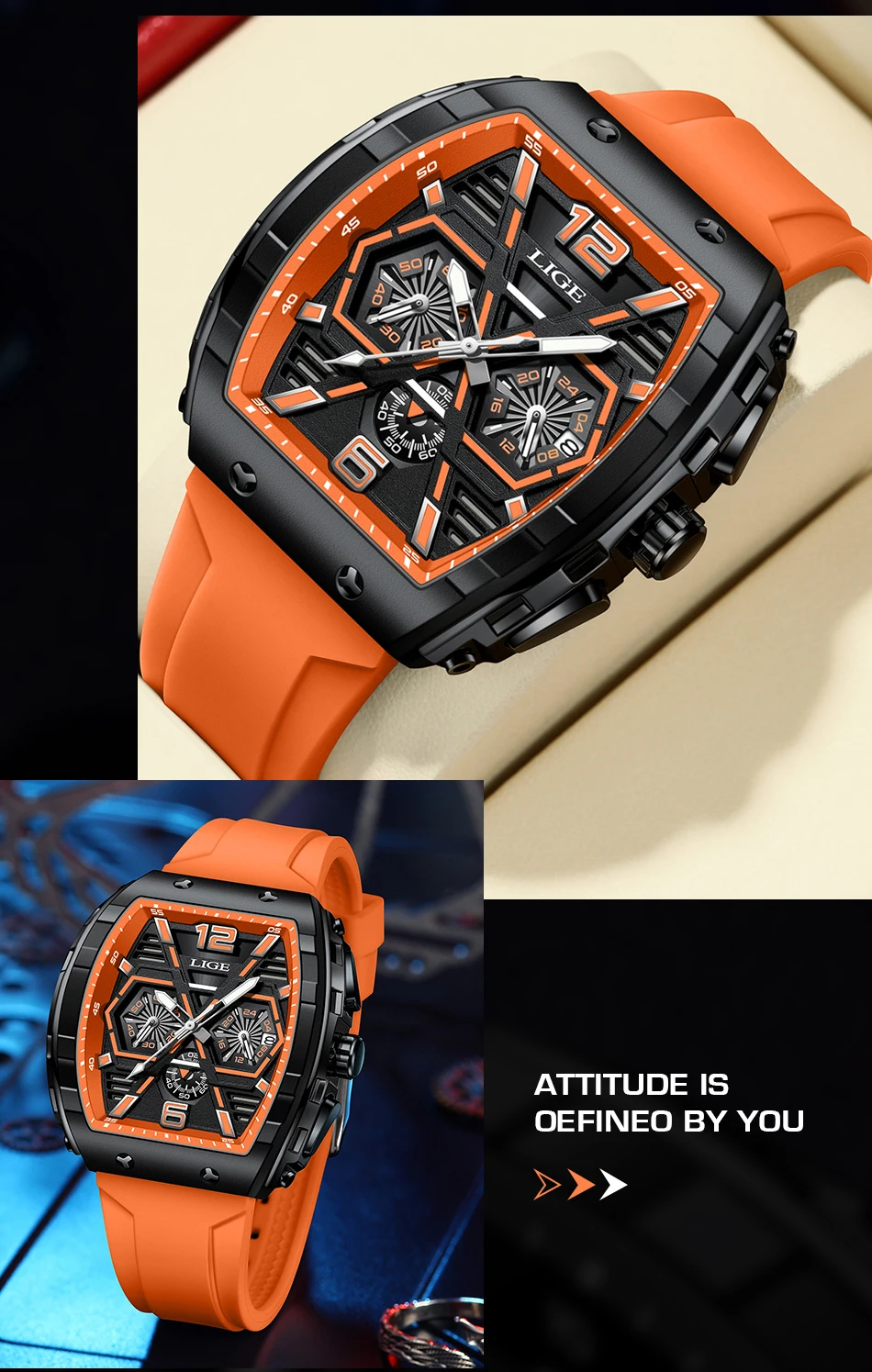 LIGE Men Watch Fashion Red Silicone Tonneau Sports Chronograph Quartz Wristwatch Casual Waterproof Watches For Men Reloj Hombre