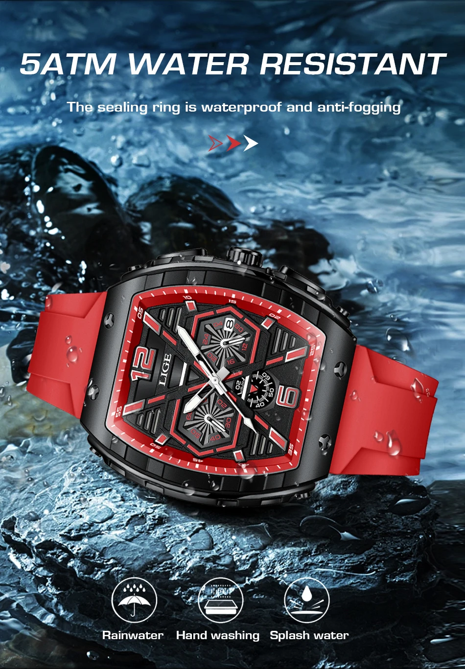 LIGE Men Watch Fashion Red Silicone Tonneau Sports Chronograph Quartz Wristwatch Casual Waterproof Watches For Men Reloj Hombre