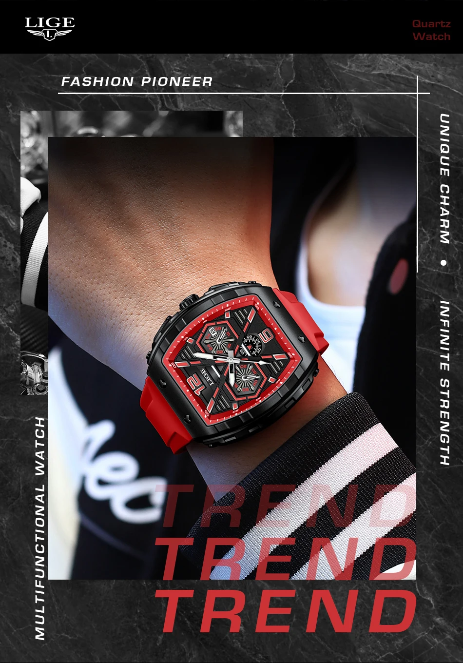 LIGE Men Watch Fashion Red Silicone Tonneau Sports Chronograph Quartz Wristwatch Casual Waterproof Watches For Men Reloj Hombre