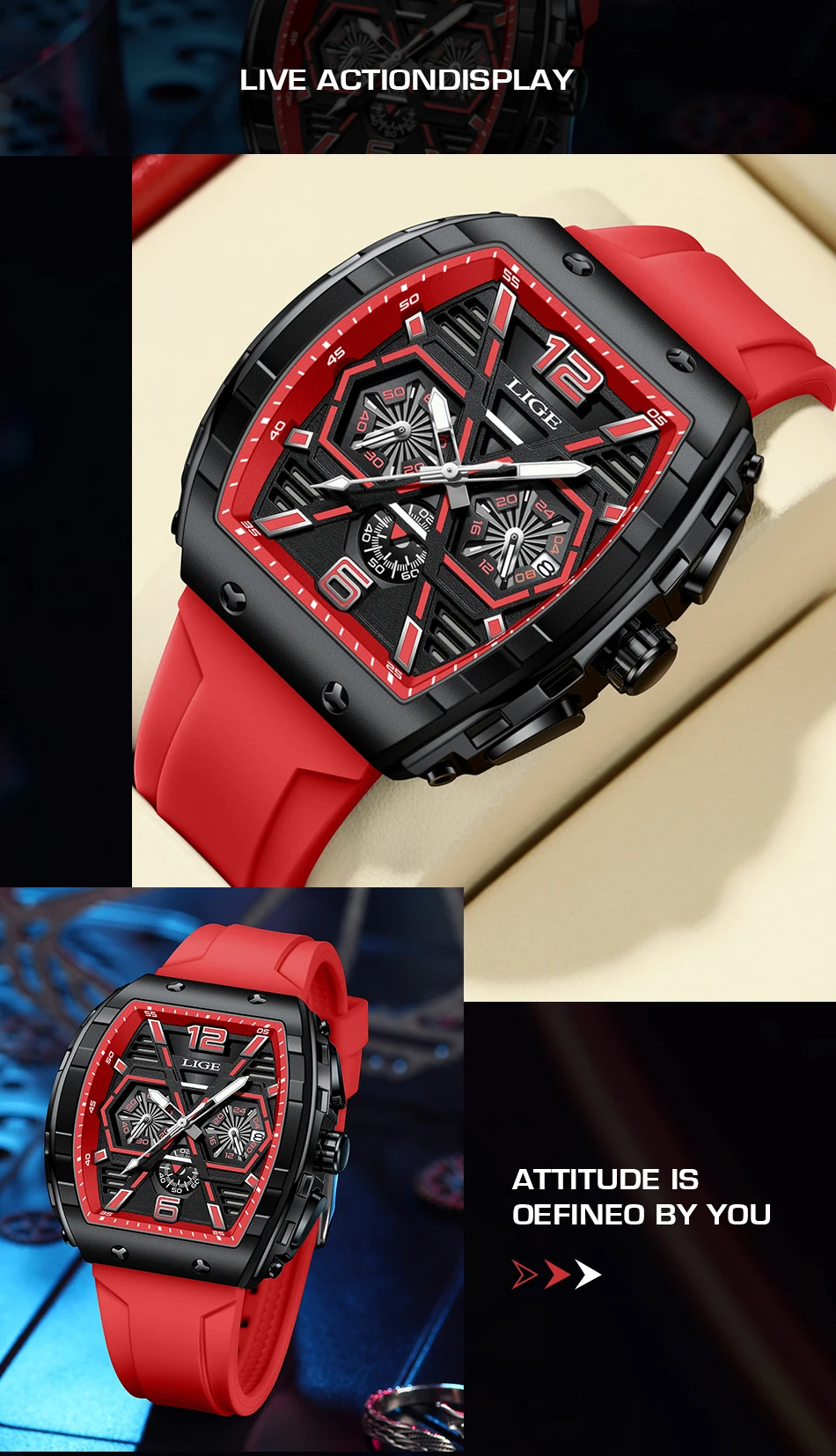 LIGE Men Watch Fashion Red Silicone Tonneau Sports Chronograph Quartz Wristwatch Casual Waterproof Watches For Men Reloj Hombre