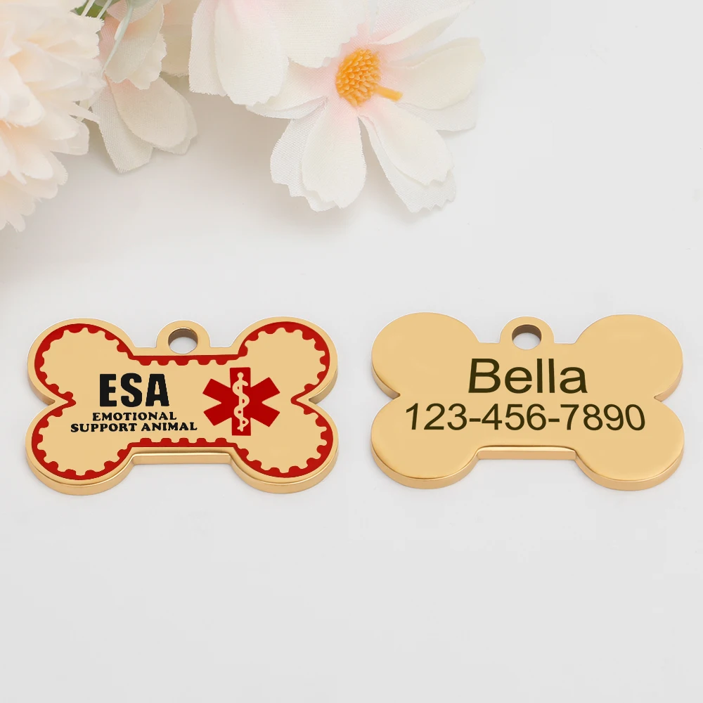 Personalized ESA Dog Tag Stainless Steel Custom Emotional Support Animal Pet ID Tags Bone Pet Tag Pendants
