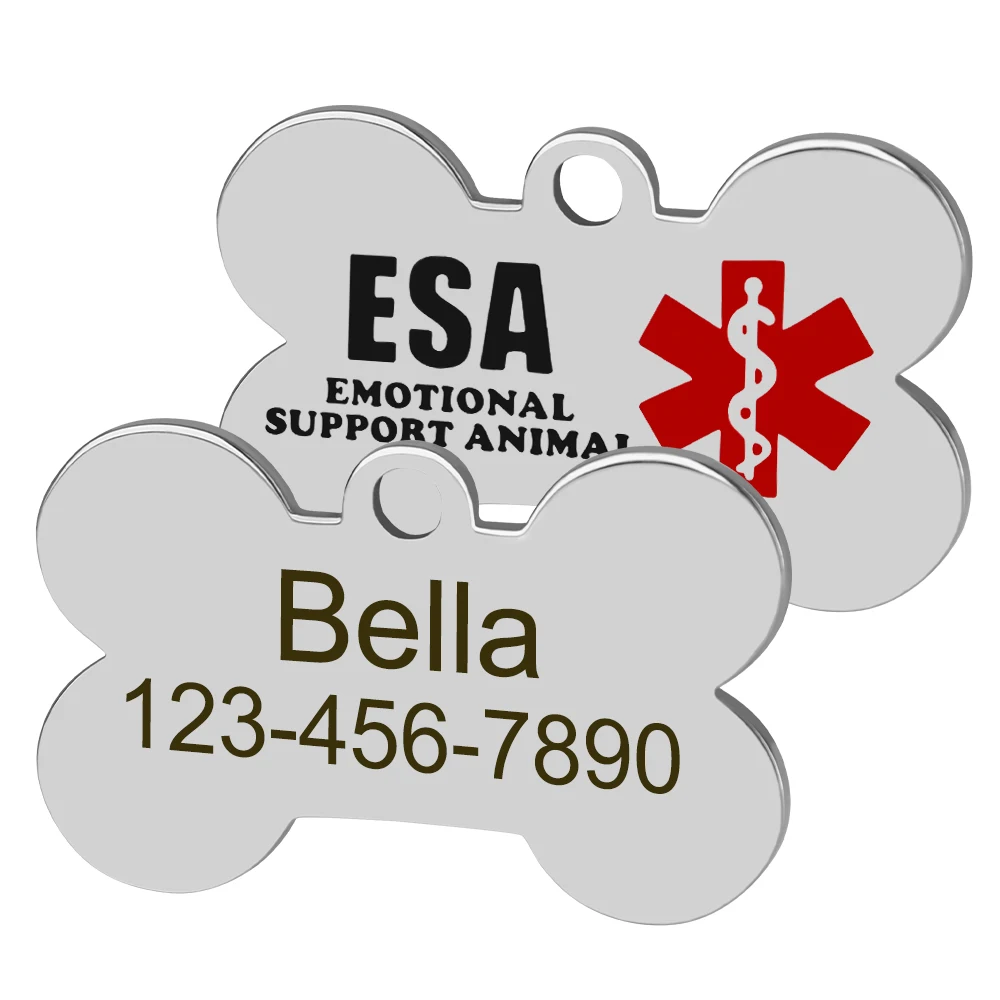 Personalized ESA Dog Tag Stainless Steel Custom Emotional Support Animal Pet ID Tags Bone Pet Tag Pendants
