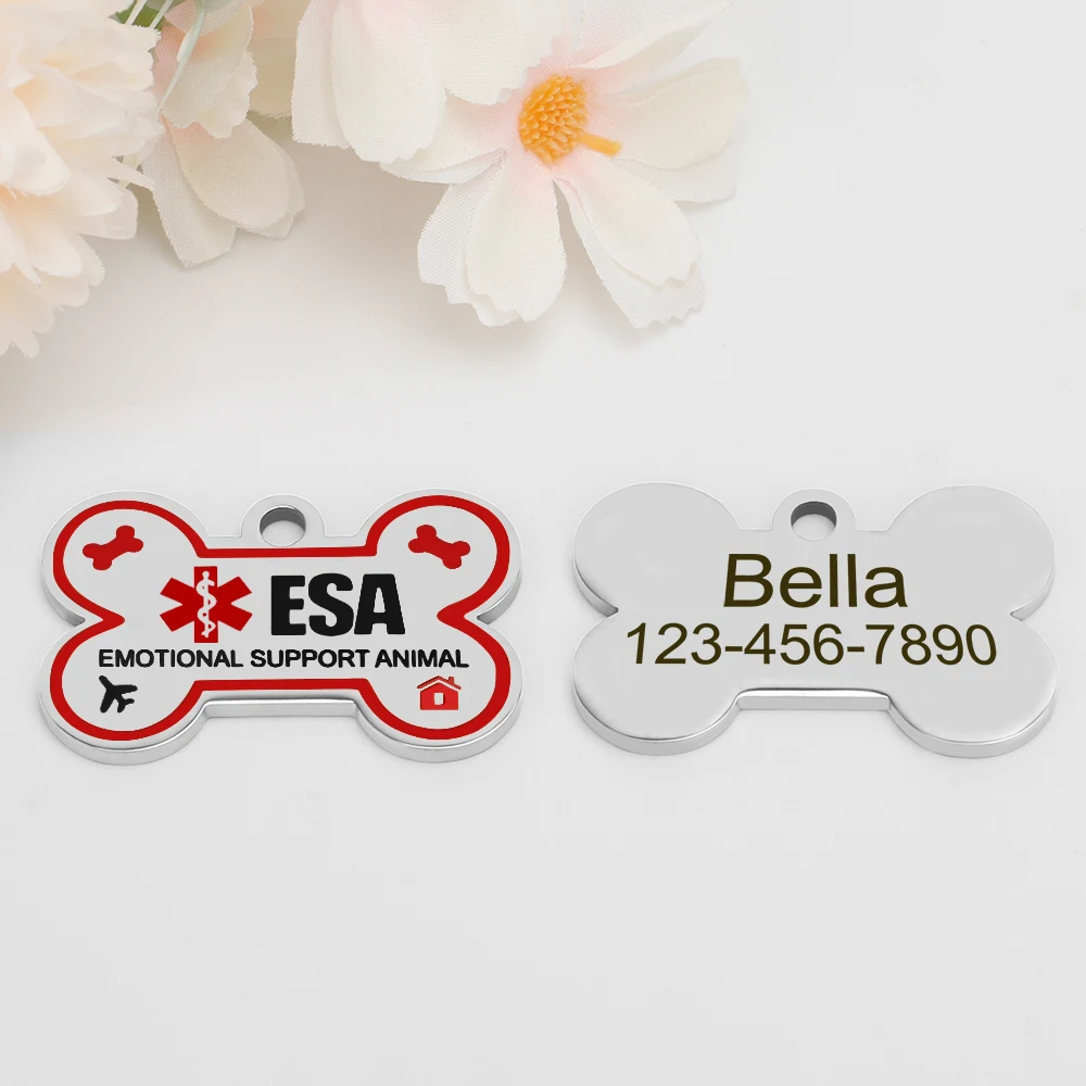 Personalized ESA Dog Tag Stainless Steel Custom Emotional Support Animal Pet ID Tags Bone Pet Tag Pendants