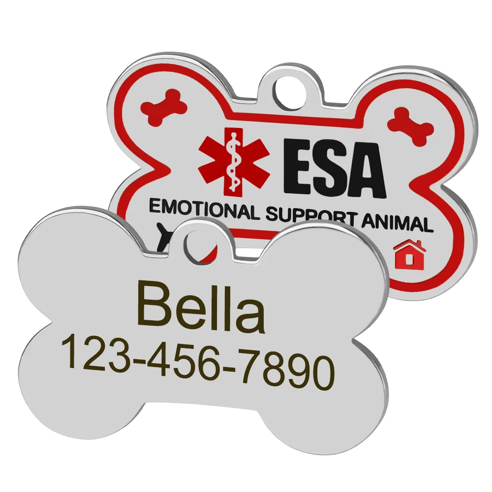 Personalized ESA Dog Tag Stainless Steel Custom Emotional Support Animal Pet ID Tags Bone Pet Tag Pendants