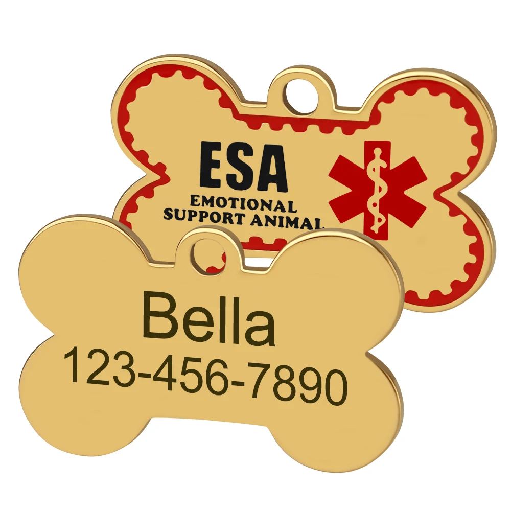 Personalized ESA Dog Tag Stainless Steel Custom Emotional Support Animal Pet ID Tags Bone Pet Tag Pendants
