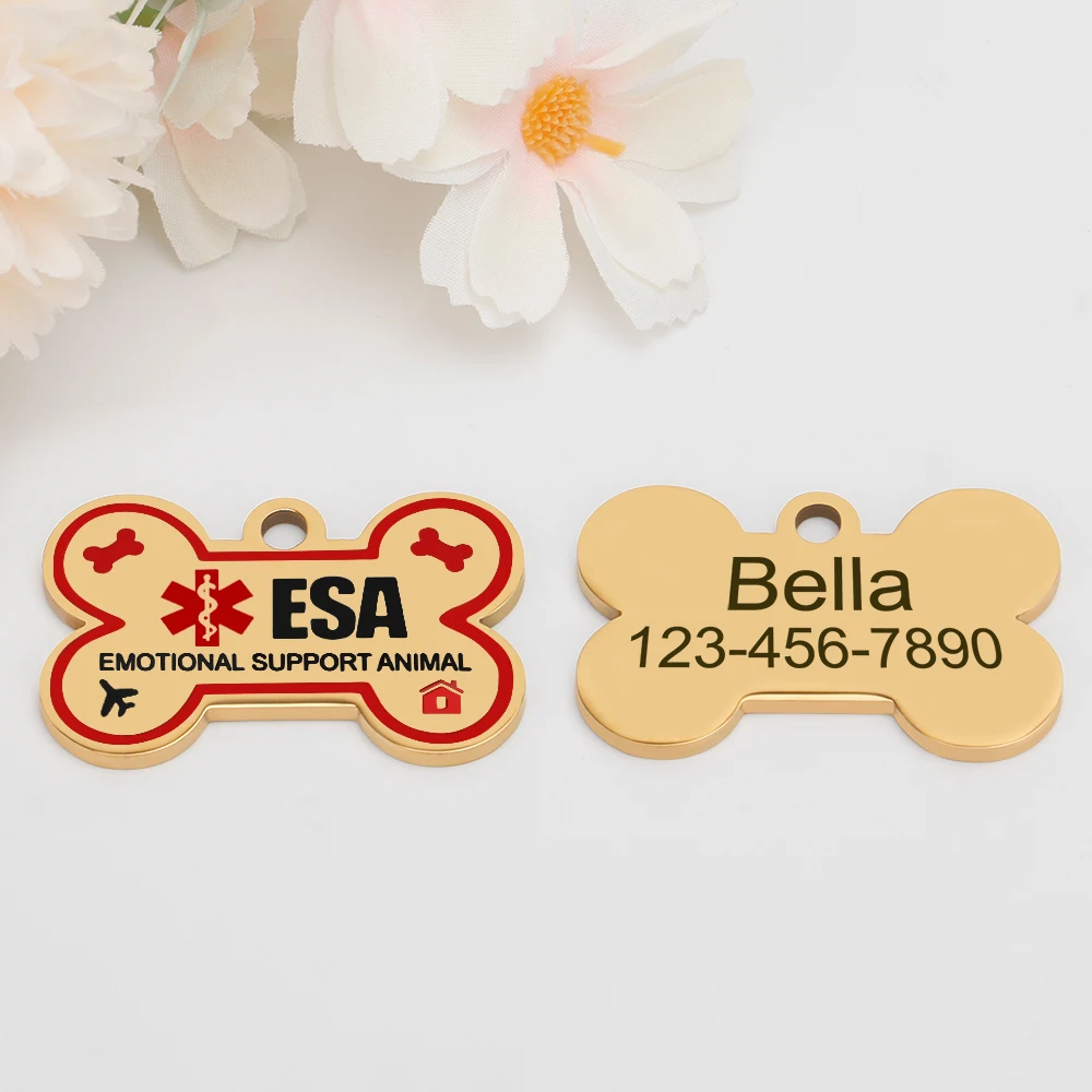 Personalized ESA Dog Tag Stainless Steel Custom Emotional Support Animal Pet ID Tags Bone Pet Tag Pendants