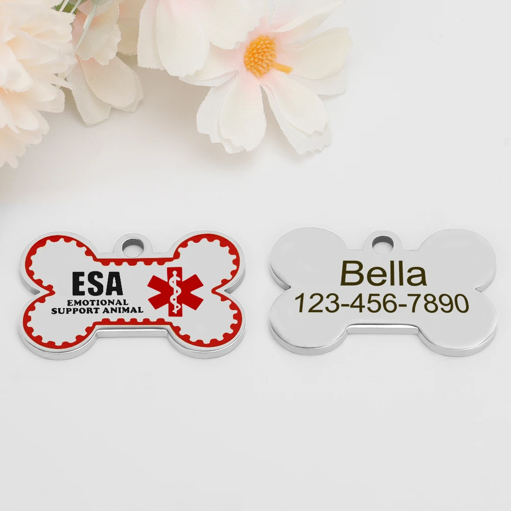 Personalized ESA Dog Tag Stainless Steel Custom Emotional Support Animal Pet ID Tags Bone Pet Tag Pendants