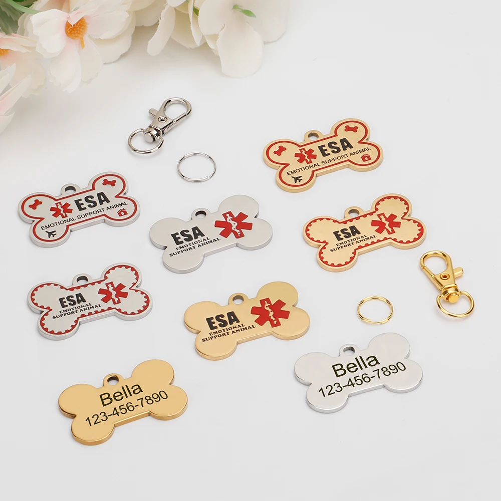 Personalized ESA Dog Tag Stainless Steel Custom Emotional Support Animal Pet ID Tags Bone Pet Tag Pendants