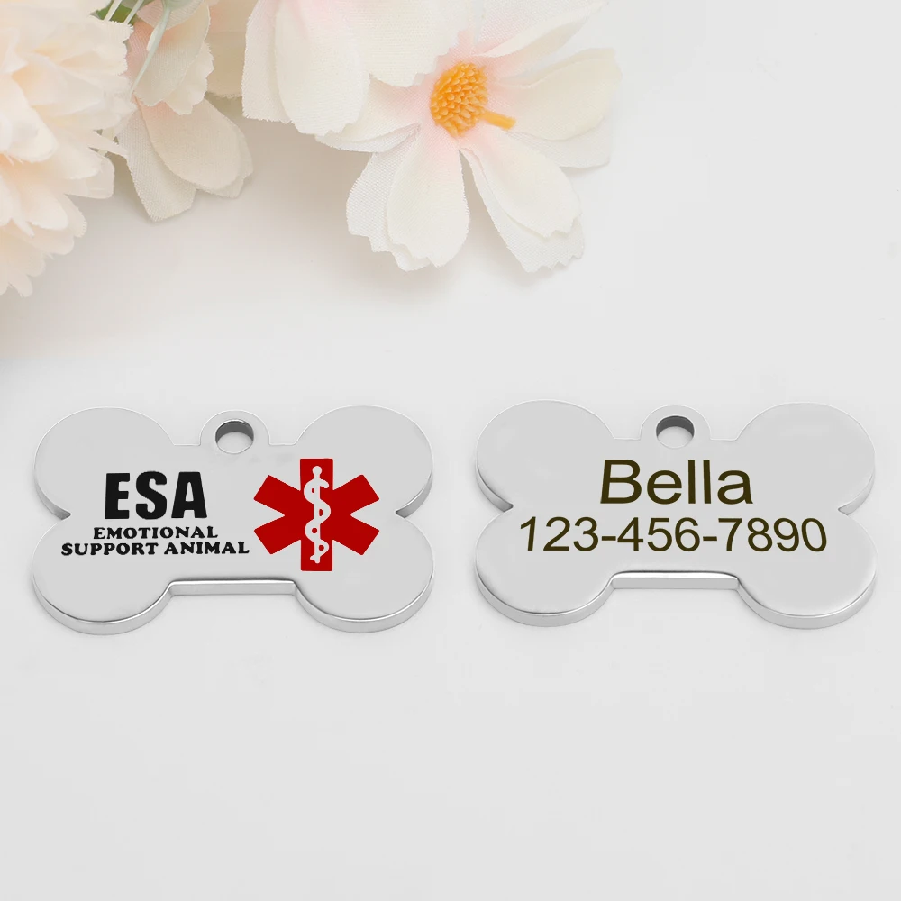 Personalized ESA Dog Tag Stainless Steel Custom Emotional Support Animal Pet ID Tags Bone Pet Tag Pendants