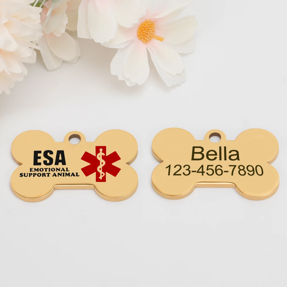 Personalized ESA Dog Tag Stainless Steel Custom Emotional Support Animal Pet ID Tags Bone Pet Tag Pendants