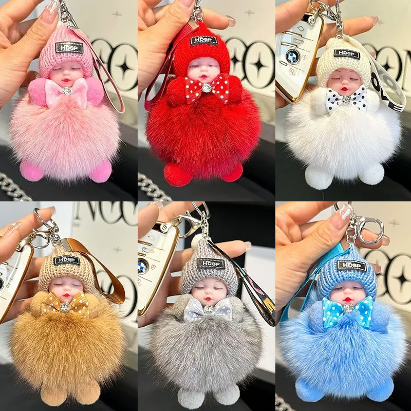 Cute Fluffy Plush Sleepy Doll Keychain For Women Bag Car Key Chain Kawaii Key Ring On Bag Car Trinket Pendant Gift