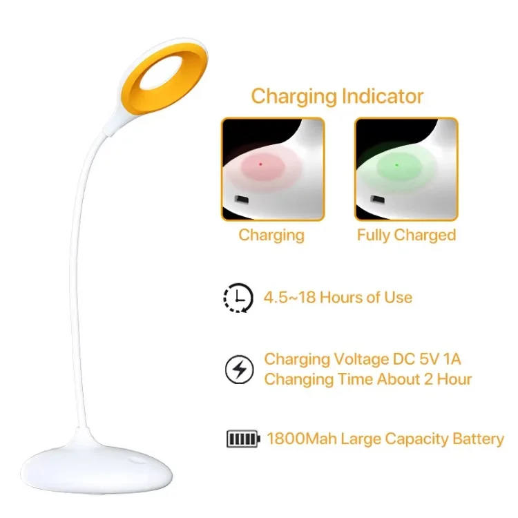 No Blue Desk Lamp 1600K 600nm Eye-Care Rechargeable Table Reading Light Touch Control Flexible Gooseneck with Standing Base