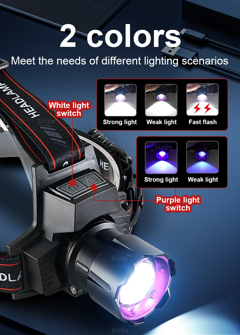 395nm UV Headlamp Ultraviolet Zoomable Headlight Rechargeable Purple Head Torch Catch Scorption Hunting Light Pet Urine Detector