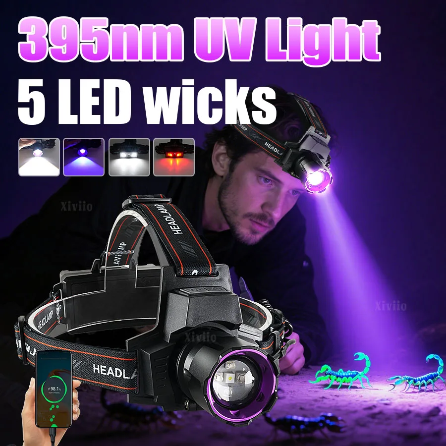 395nm UV Headlamp Ultraviolet Zoomable Headlight Rechargeable Purple Head Torch Catch Scorption Hunting Light Pet Urine Detector