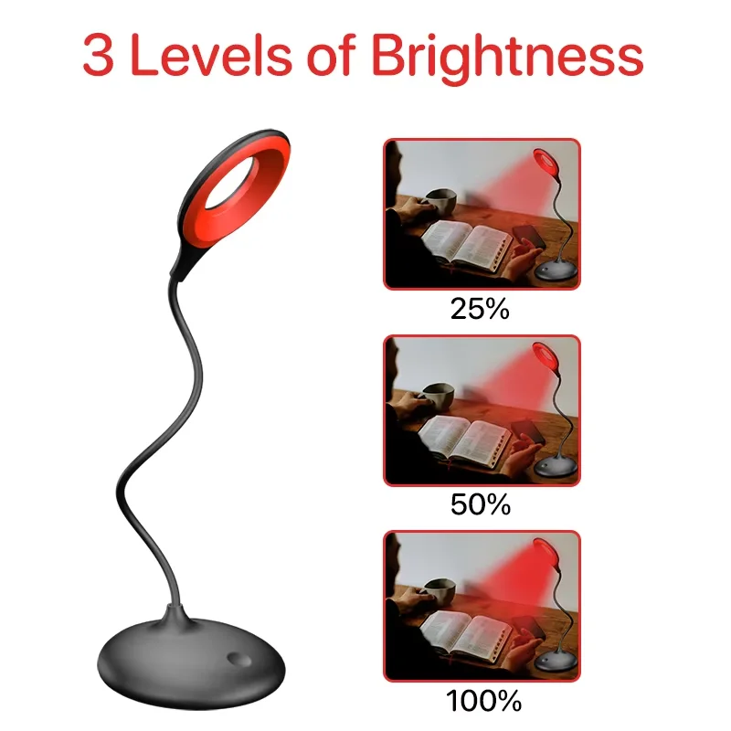 620nm Red Cordless Table Lamp with Standing Dimmable 3 Brightness Levels White Desk Led Light No Blue Reading Migraine Relieve