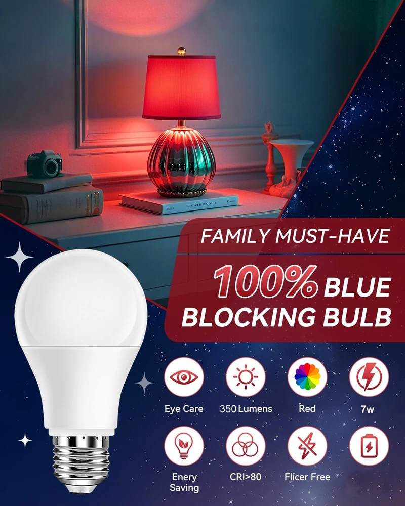 630nm Red Light Bulb for Sleep 7W E27 100% Blue Light Blocking Promotes Melatonin Production Ideal for Bedroom Sleep