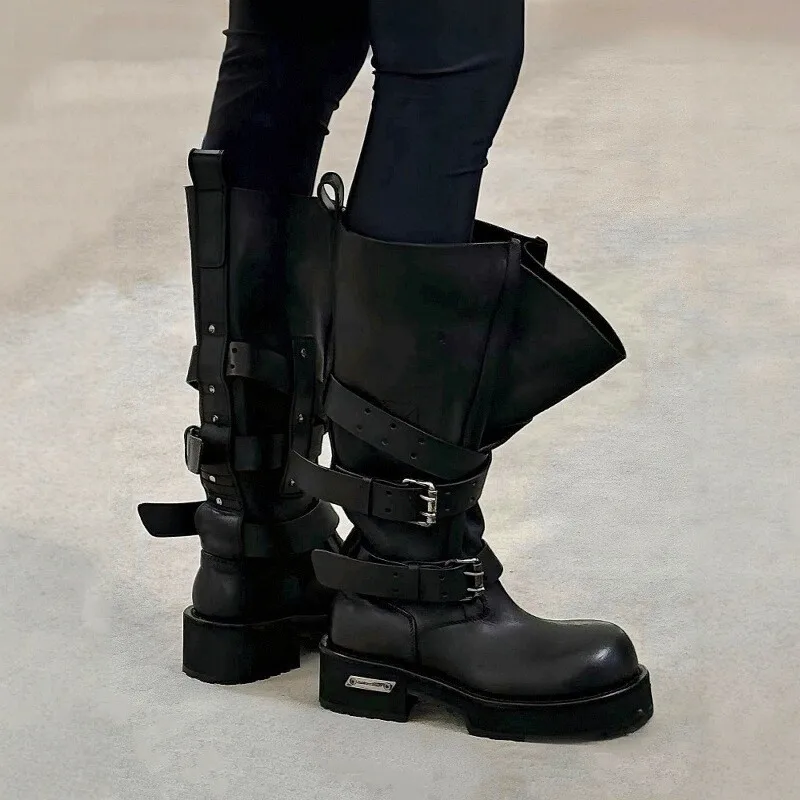 Modern Vintage Big Round Toe Height Increasing Boots Men's Belt Buckle Street Style Mid-Calf Boot Platform Motorcycle Boots