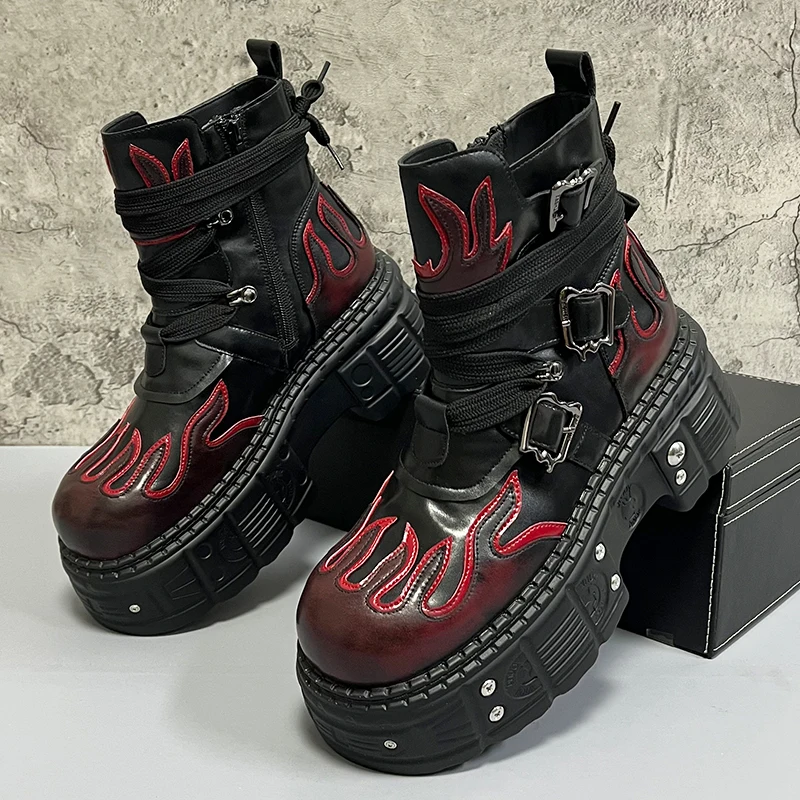Men's 2024 Winter New Thick-soled Inner Heightening Fashion Fried Street Personality High-top Leather Boots
