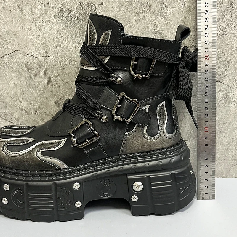 Men's 2024 Winter New Thick-soled Inner Heightening Fashion Fried Street Personality High-top Leather Boots