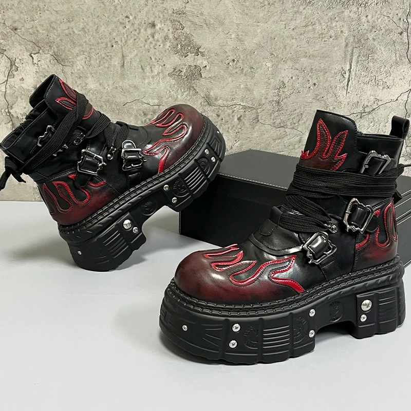 Men's 2024 Winter New Thick-soled Inner Heightening Fashion Fried Street Personality High-top Leather Boots