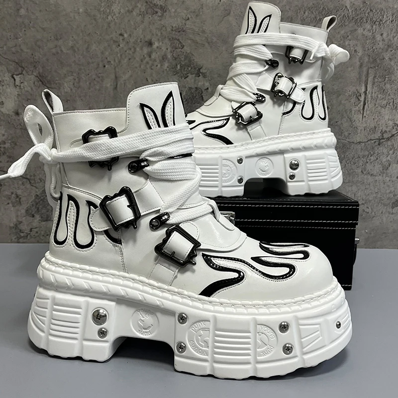 Men's 2024 Winter New Thick-soled Inner Heightening Fashion Fried Street Personality High-top Leather Boots