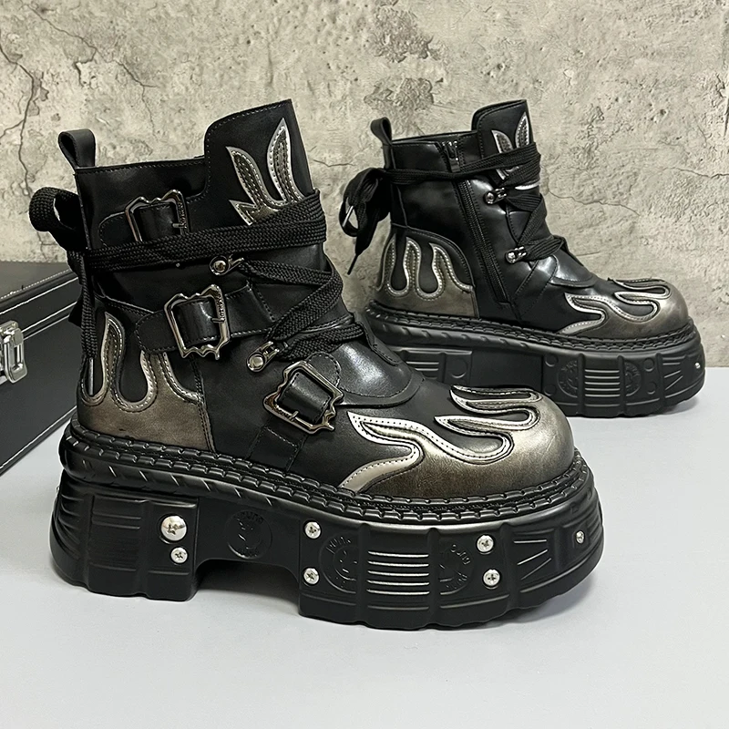 Men's 2024 Winter New Thick-soled Inner Heightening Fashion Fried Street Personality High-top Leather Boots