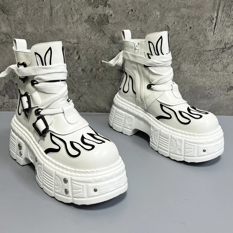 Men's 2024 Winter New Thick-soled Inner Heightening Fashion Fried Street Personality High-top Leather Boots