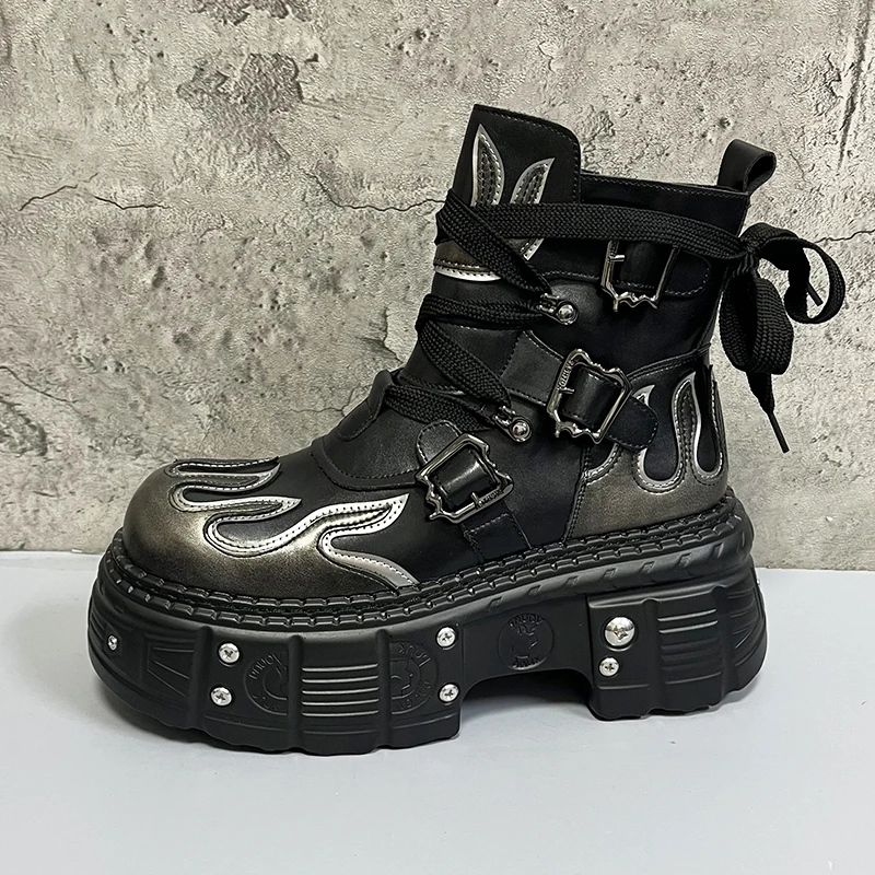 Men's 2024 Winter New Thick-soled Inner Heightening Fashion Fried Street Personality High-top Leather Boots