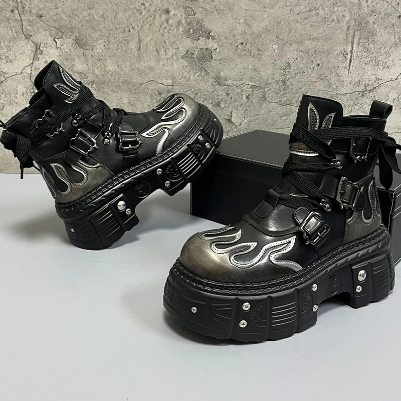 Men's 2024 Winter New Thick-soled Inner Heightening Fashion Fried Street Personality High-top Leather Boots