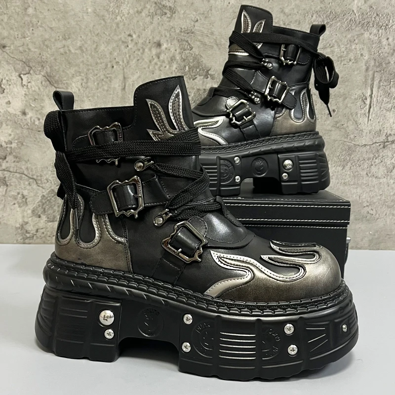 Men's 2024 Winter New Thick-soled Inner Heightening Fashion Fried Street Personality High-top Leather Boots