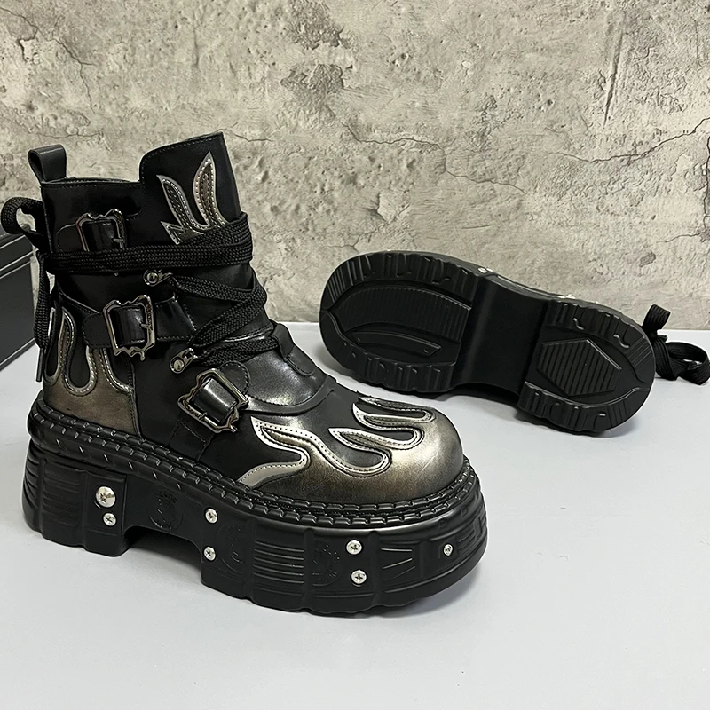 Men's 2024 Winter New Thick-soled Inner Heightening Fashion Fried Street Personality High-top Leather Boots