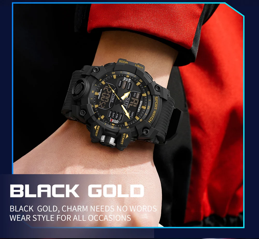 SANDA Dual Display Men Watches Waterproof Sports Watch Military Man Alarm Stopwatch Quartz Wristwatch Male LED Digital Clock6126