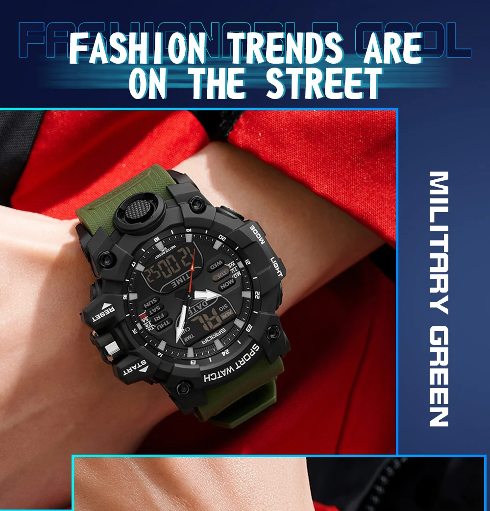 SANDA Dual Display Men Watches Waterproof Sports Watch Military Man Alarm Stopwatch Quartz Wristwatch Male LED Digital Clock6126