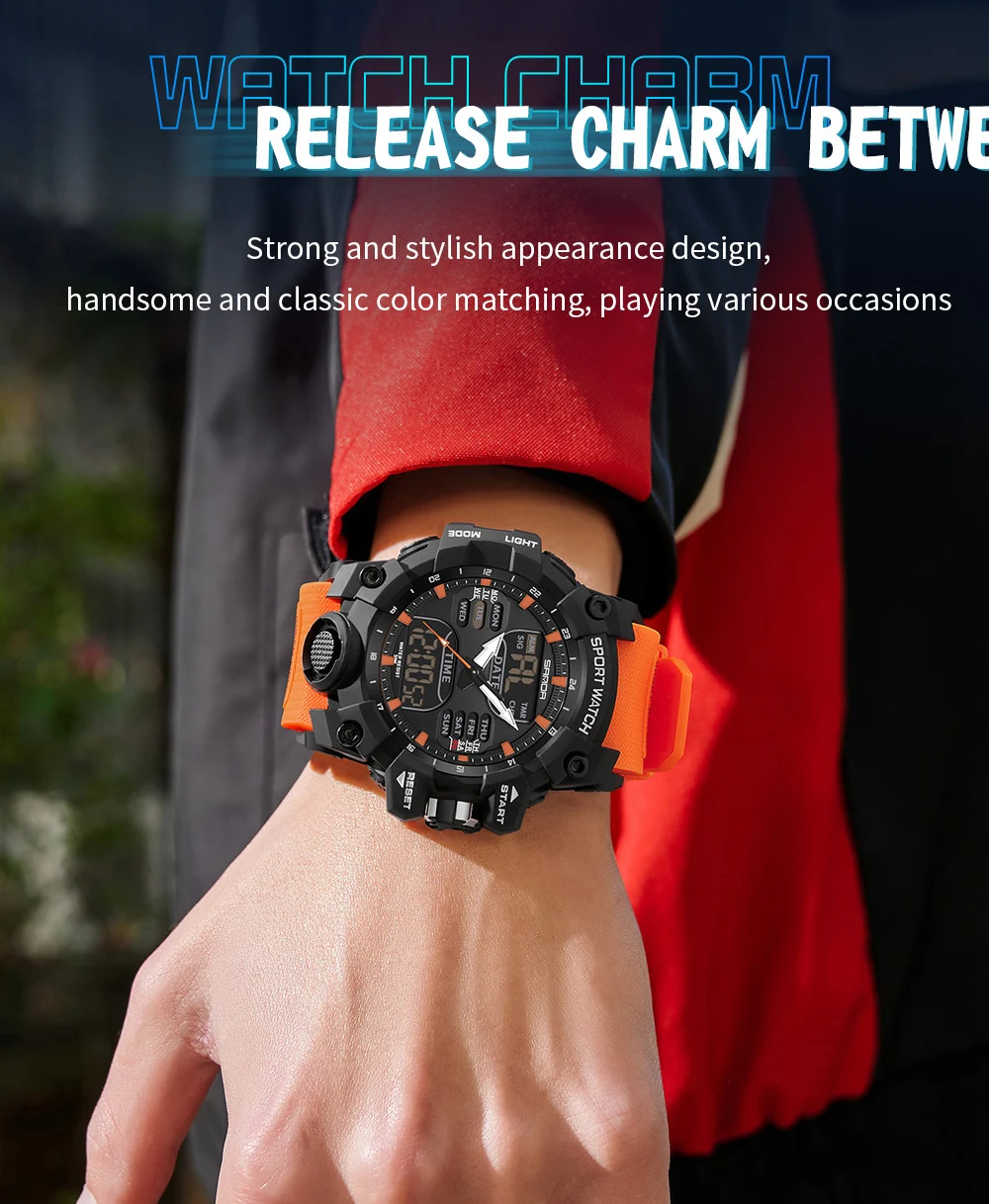 SANDA Dual Display Men Watches Waterproof Sports Watch Military Man Alarm Stopwatch Quartz Wristwatch Male LED Digital Clock6126