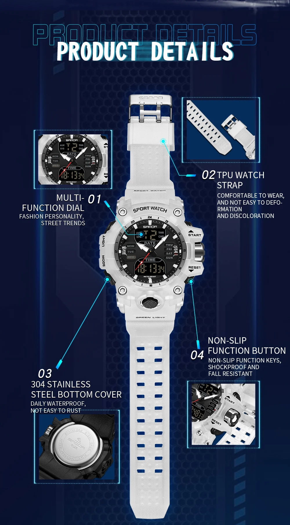 SANDA Dual Display Men Watches Waterproof Sports Watch Military Man Alarm Stopwatch Quartz Wristwatch Male LED Digital Clock6126