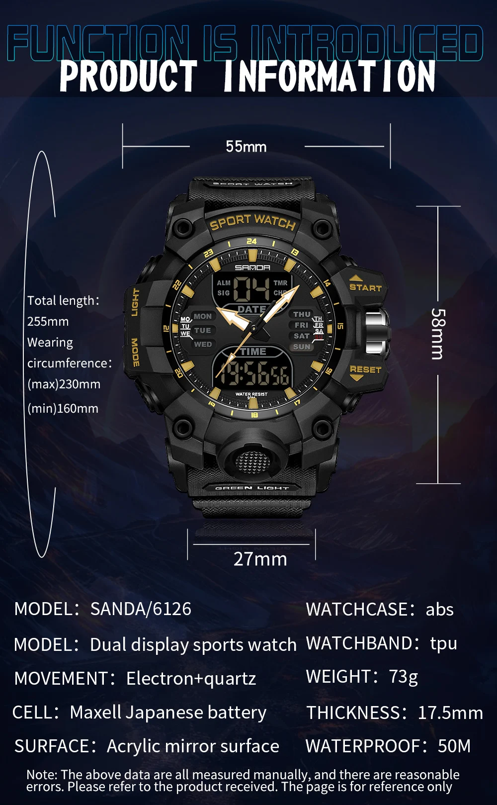 SANDA Dual Display Men Watches Waterproof Sports Watch Military Man Alarm Stopwatch Quartz Wristwatch Male LED Digital Clock6126