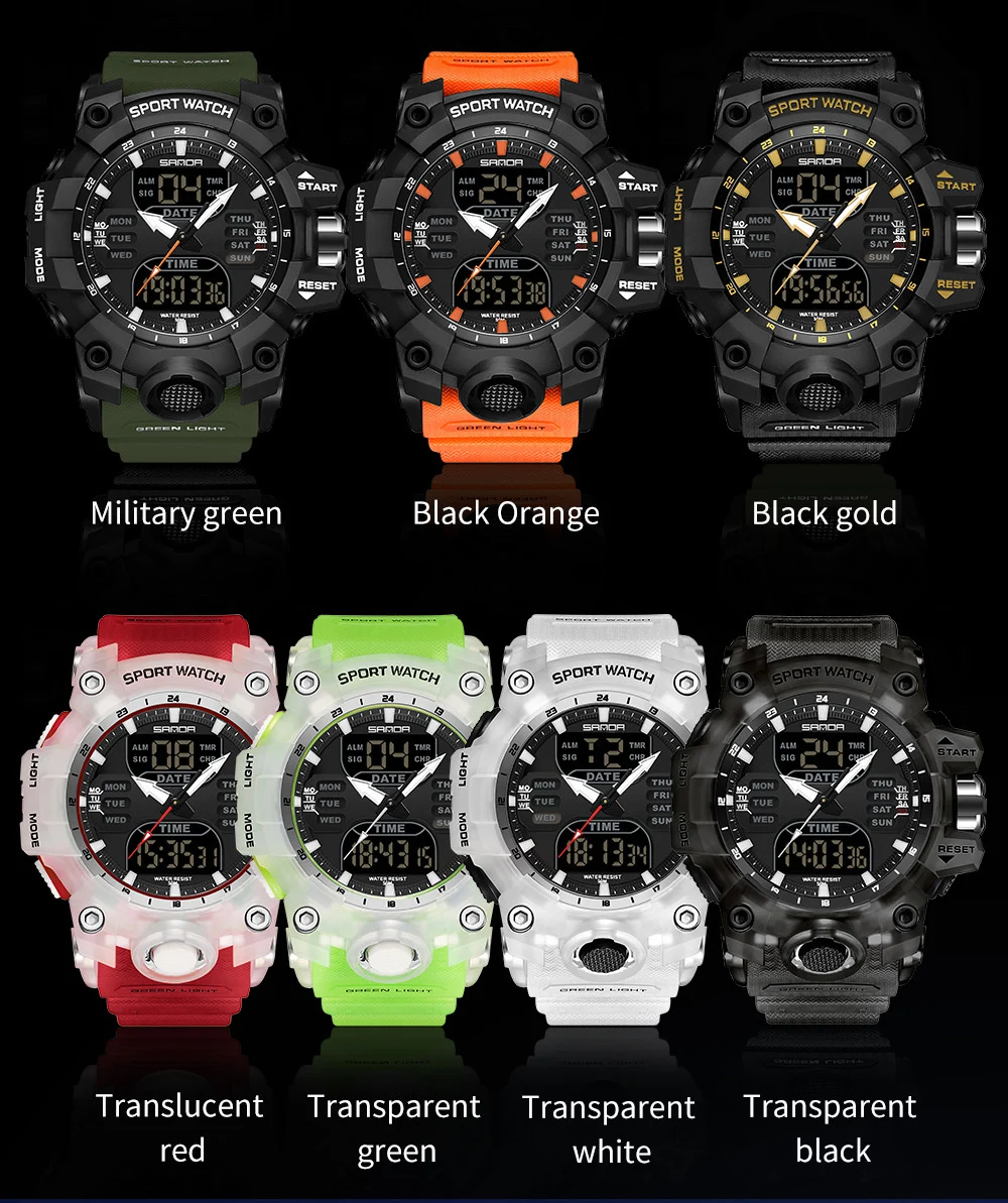 SANDA Dual Display Men Watches Waterproof Sports Watch Military Man Alarm Stopwatch Quartz Wristwatch Male LED Digital Clock6126