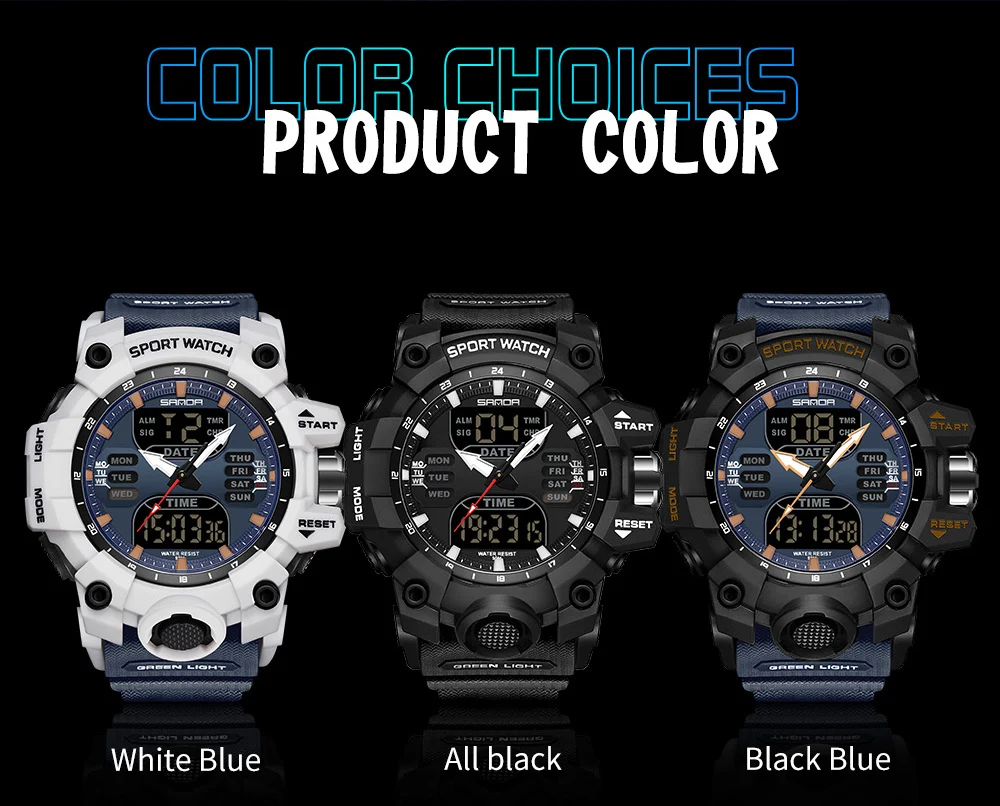 SANDA Dual Display Men Watches Waterproof Sports Watch Military Man Alarm Stopwatch Quartz Wristwatch Male LED Digital Clock6126