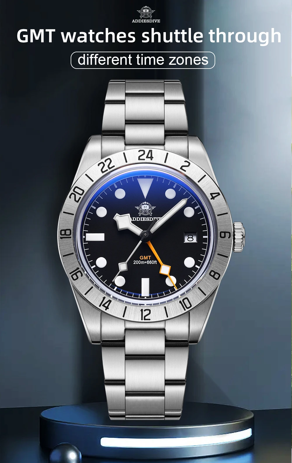 ADDIESDIVE New Luxury Men's Watch 200 Waterproof Stainless Steel Quartz Watch BGW9 Super Blue Luminous GMT Stainless Steel Watch