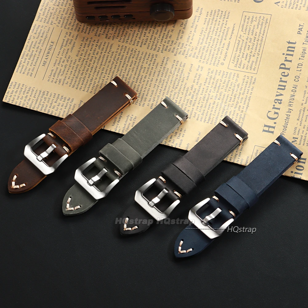 Vintage Crazy Horse Leather Watch Band Handmade Stitching Cowhide Strap for Panerai 18mm 20mm 22mm 24mm 26 Smartwatch Wristband